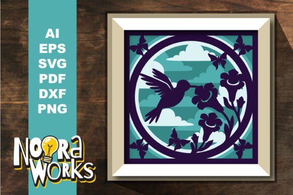 3D Hummingbird Flowers Shadow Box SVG