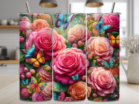 3D Pink Roses Butterflies Tumbler Wrap