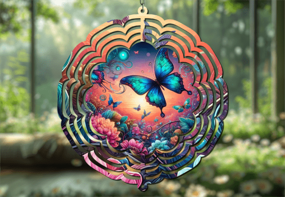 Blue Butterfly Floral 3D Wind Spinner