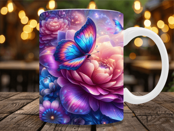 Vibrant 3D Neon Flower Butterfly Mug Design